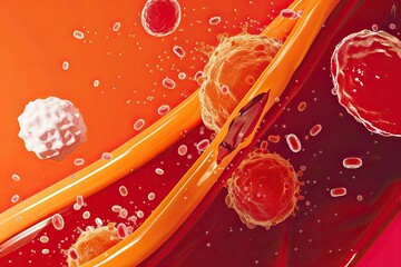 A close-up view of red and white cells in the style of medical illustration