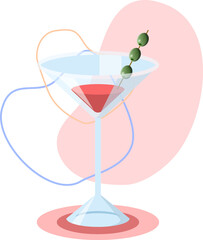 Elegant martini glass with olives standing on pink background
