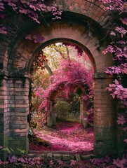 Brick archways feature vibrant pink flowers and enchanting circular patterns in a springtime landscape