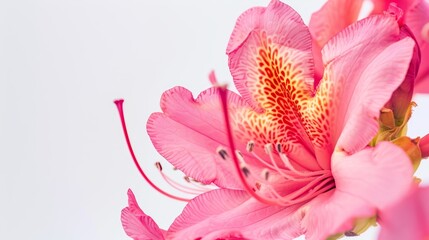 Macro photograph of a pink rhododendron flower blooming in a garden, showcasing its delicate beauty and intricate details