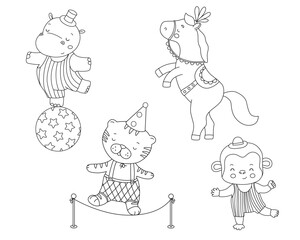 Outline cute circus funny animals set. Hand drawn isolated line illustrations for coloring book