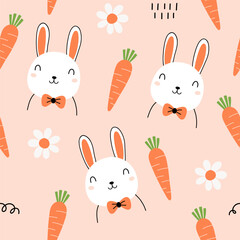 Seamless pattern with cute rabbit and carrot for your fabric, children textile, nursery decoration, gift wrap paper, kids bedding.