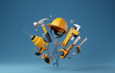 Set construction tools perfect for DIY, carpentry, and home improvement concepts. 3D Render
