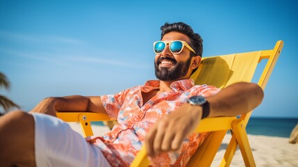 Indian man relaxes on lounge chair at sunny beach portrait image. Bearded guy in floral shirt, white shorts picture photorealistic photography. Sunbathing summer concept photo realistic