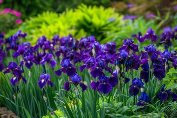 A garden of irises in full bloom, their vibrant purple hues contrasting with the lush green foliage around them