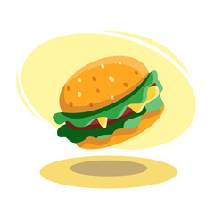 Delicious burger floating on yellow background illustration