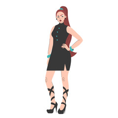 Woman in black dress and high heels standing vector isolated. Illustration of a beautiful female character with long red hair. Pretty girl, model posing.