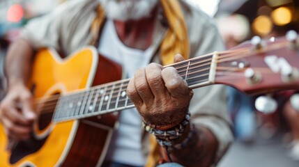 Fototapeta premium An elderly man with a beard is seen engrossed in playing an acoustic guitar on a busy street. His attire is casual, with a rolled-up sleeve shirt and bracelets seen clearly.