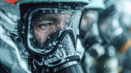 Fototapeta premium An intense perspective showing a firefighter wearing a respirator and helmet amid an action scene, highlighting the bravery and dedication needed in such emergencies.
