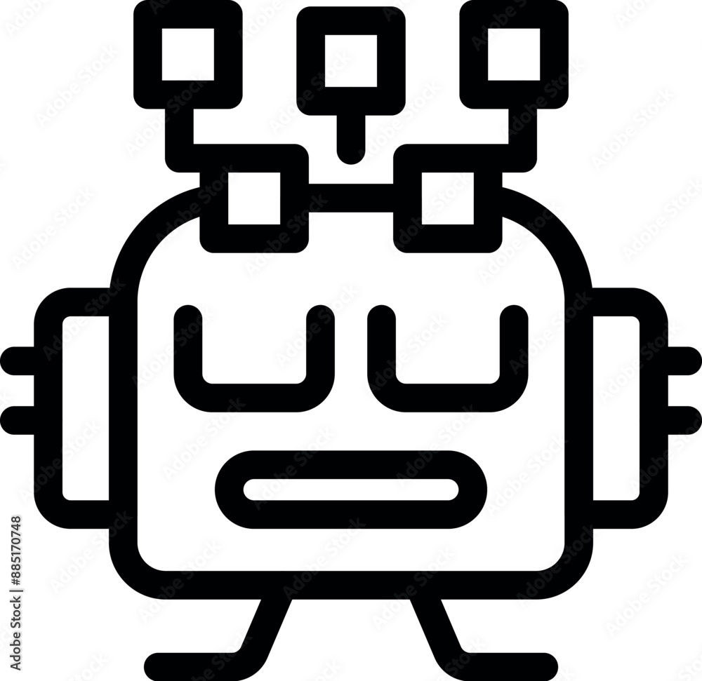 Poster line art icon of a robot receiving data through an artificial intelligence network