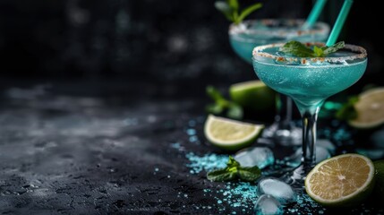Blue cocktails with ice and mint leaves served in elegant glasses. A dark table setting with lime slices and mint leaves scattered around adds a sophisticated touch.