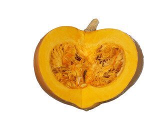 Half of a large orange pumpkin cut open, seeds visible. Isolated on white background.