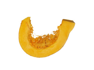  piece of fresh orange pumpkin, seeds visible. Isolated on white background.