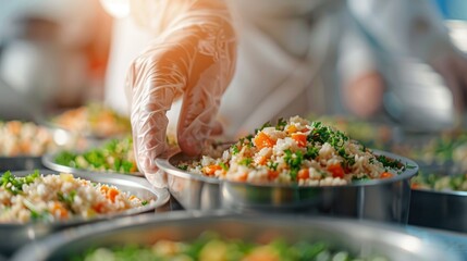Obraz premium A person wearing a glove is placing a dish containing a colorful mix of rice and vegetables into a setting that has multiple other similar food plates ready to be served.
