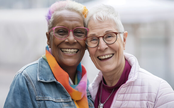 Happy old senior elder lesbian women couple