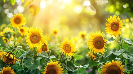 Obraz premium Sunflowers in a field with a warm sun shining through.