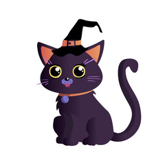 funny cat black color character in Halloween season wear witch hat and drawing, happy cute, art, animal, kitten, pet, graphic, kitty