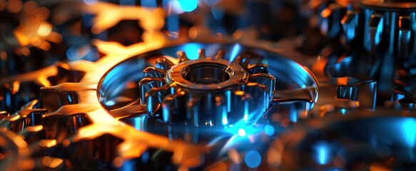 A tool technology gear with blue light and yellow light beam from the side