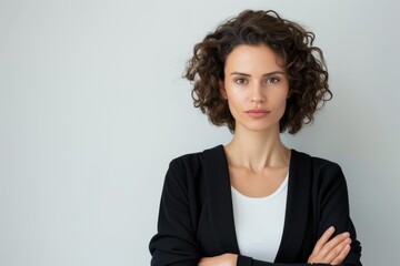 A close-up portrait of a woman with furrowed brows and pursed lips, her arms crossed defensively. Her expression conveys skepticism and disapproval.