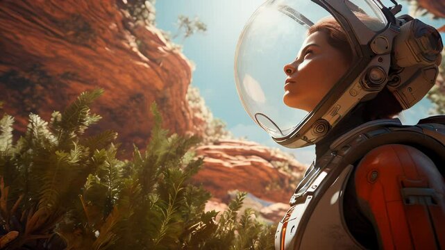 Astronaut in a helmet exploring a rocky alien landscape with lush vegetation