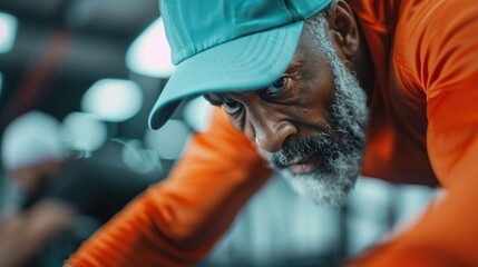 A person dressed in a bright orange shirt and a cap is intensely focused on their workout in a gym setting, demonstrating dedication and effort in physical fitness.