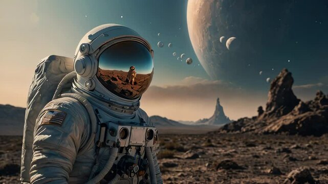 Astronaut standing on a rocky alien planet with a large ringed planet and multiple moons in the sky