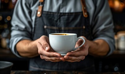man in apron holding white cup mockup against dark background barista,cup of coffee