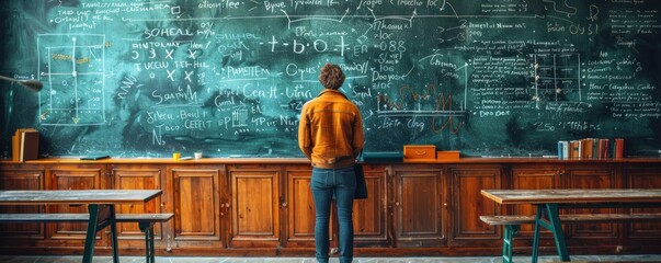 A person stands in front of an extensive classroom chalkboard filled with complex mathematical equations, graphs, and diagrams, seemingly deep in thought and analysis