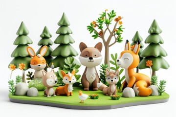 Fototapeta premium Happy woodland scene with cute animals and trees, perfect for kids projects, isolated on white background, copy space available