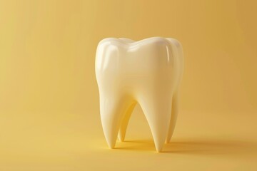 3D Icon Of A White Tooth Isolated On A Pastel Yellow Wallpaper With Copy Space, Concept Of Dentistry, Dental Care