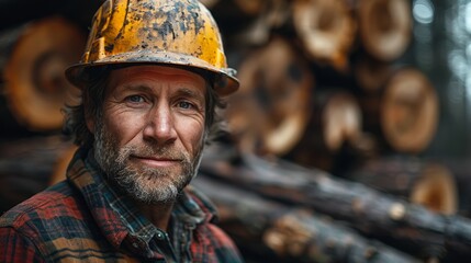 An experienced lumberjack wearing a worn yellow hard hat and flannel shirt stands confidently in front of a large stack of freshly cut logs in a forest setting