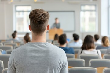Lecture room filled with attentive students listening to a speaker at the podium, free space for text