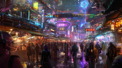 Fototapeta premium Neon Glow: Vibrant Cyberpunk Market Buzzing at Dusk with Dynamic Colors