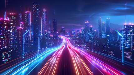 Fototapeta premium Speed light trails path through smart modern mega city and skyscrapers town with neon futuristic technology background