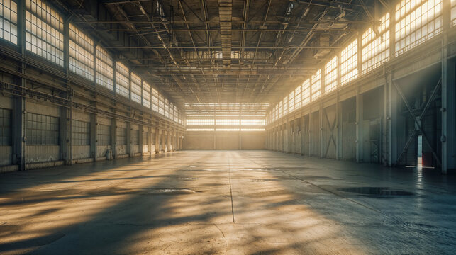 Expansive Industrial Warehouse with Warm Sunlight Filtering Through Windows