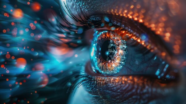 A closeup of an eye with digital code and glowing lights