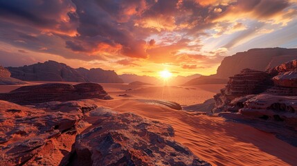A dramatic sunset over a rocky desert landscape