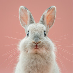 Obraz premium Portrait of a white cute rabbit with surprised expression on a pink background,surprised looking rabbit