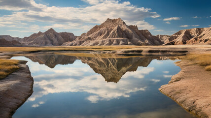 Timelapse video of a beautiful mountain lake with moving clouds and waves. Natural background. AI generated