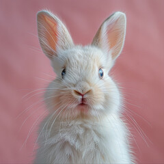 Obraz premium Portrait of a white cute rabbit with surprised expression on a pink background,surprised looking rabbit