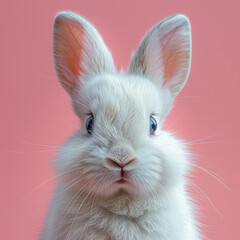 Portrait of a white cute rabbit with surprised expression on a pink background,surprised looking rabbit