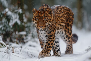 Fototapeta premium An Amur leopard stealthily moving through a snowy forest, its spotted coat providing perfect camouflage