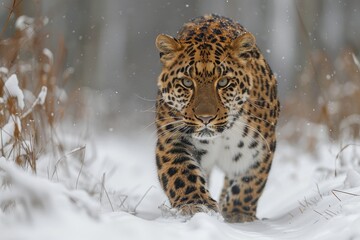 Fototapeta premium An Amur leopard stealthily moving through a snowy forest, its spotted coat providing perfect camouflage