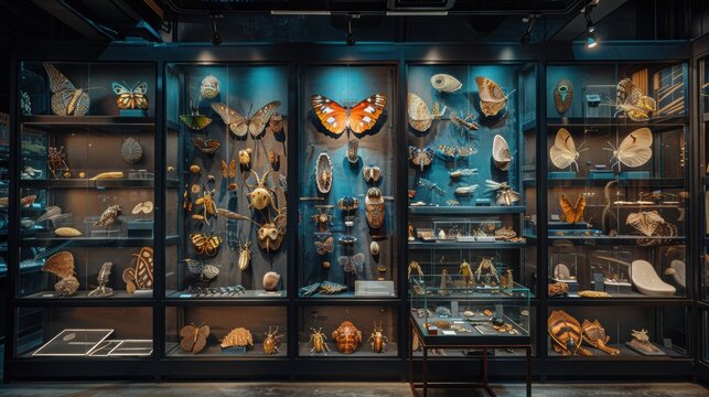 A diverse and colorful collection of various insects and butterflies meticulously displayed in glass cases within a museum exhibit, showcasing the intricacies of entomology