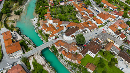 Kal na Soci Townscape in Slovenia Captured by Drone on a Sunny Day
