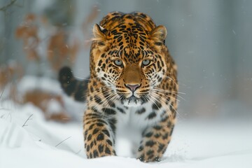 An Amur leopard stealthily moving through a snowy forest, its spotted coat providing perfect camouflage