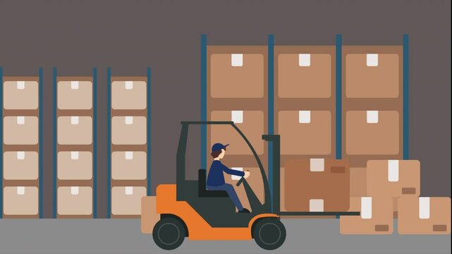 Male driver operating a forklift with a carton box in a warehouse. Logistics, warehousing, and material handling. Cartoon in 4k resolution, Seamless loop.