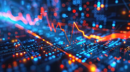 Financial stock market charts with trend lines, blue charts, charts showing uptrends, orange and red lines and arrows 