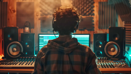 Obraz premium A musician is in a contemporary recording studio, surrounded by audio equipment, working on music production tasks like editing, mixing, and recording tracks
