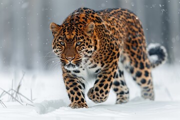 Obraz premium An Amur leopard stealthily moving through a snowy forest, its spotted coat providing perfect camouflage